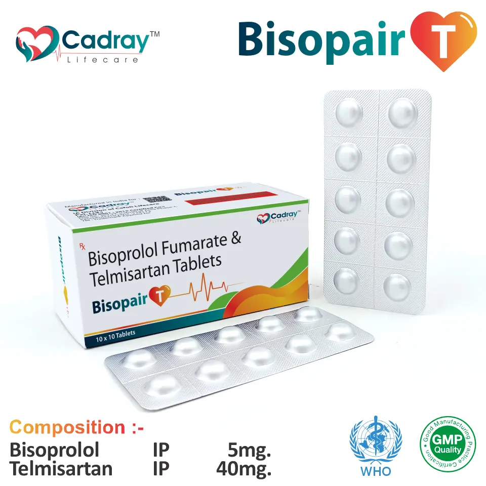 Bisopair T Tablet supports hypertension & heart health with Bisoprolol 5mg & Telmisartan 40mg. WHO GMP certified, available at the best price for PCD pharma franchise & third-party manufacturing.